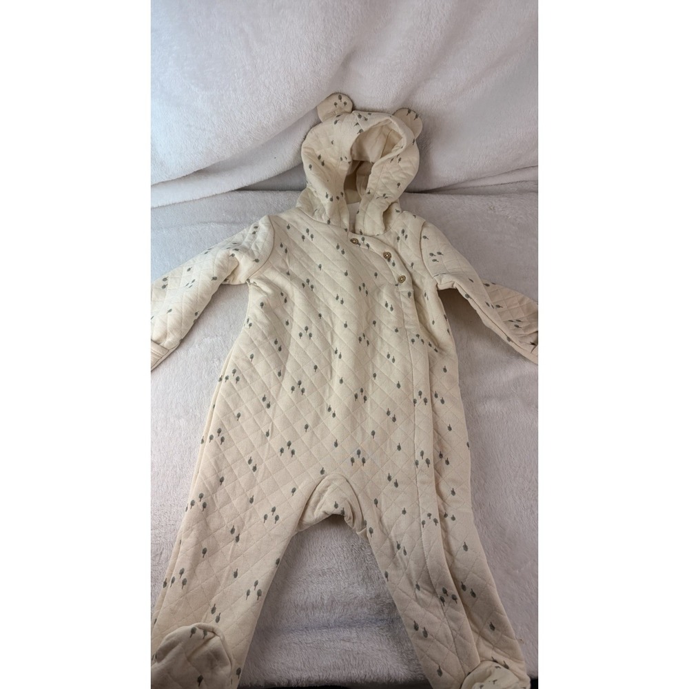 NWT Carter's Baby Hooded Quilted Jumpsuit 9M Cream Tree Print Bear Ears Footed